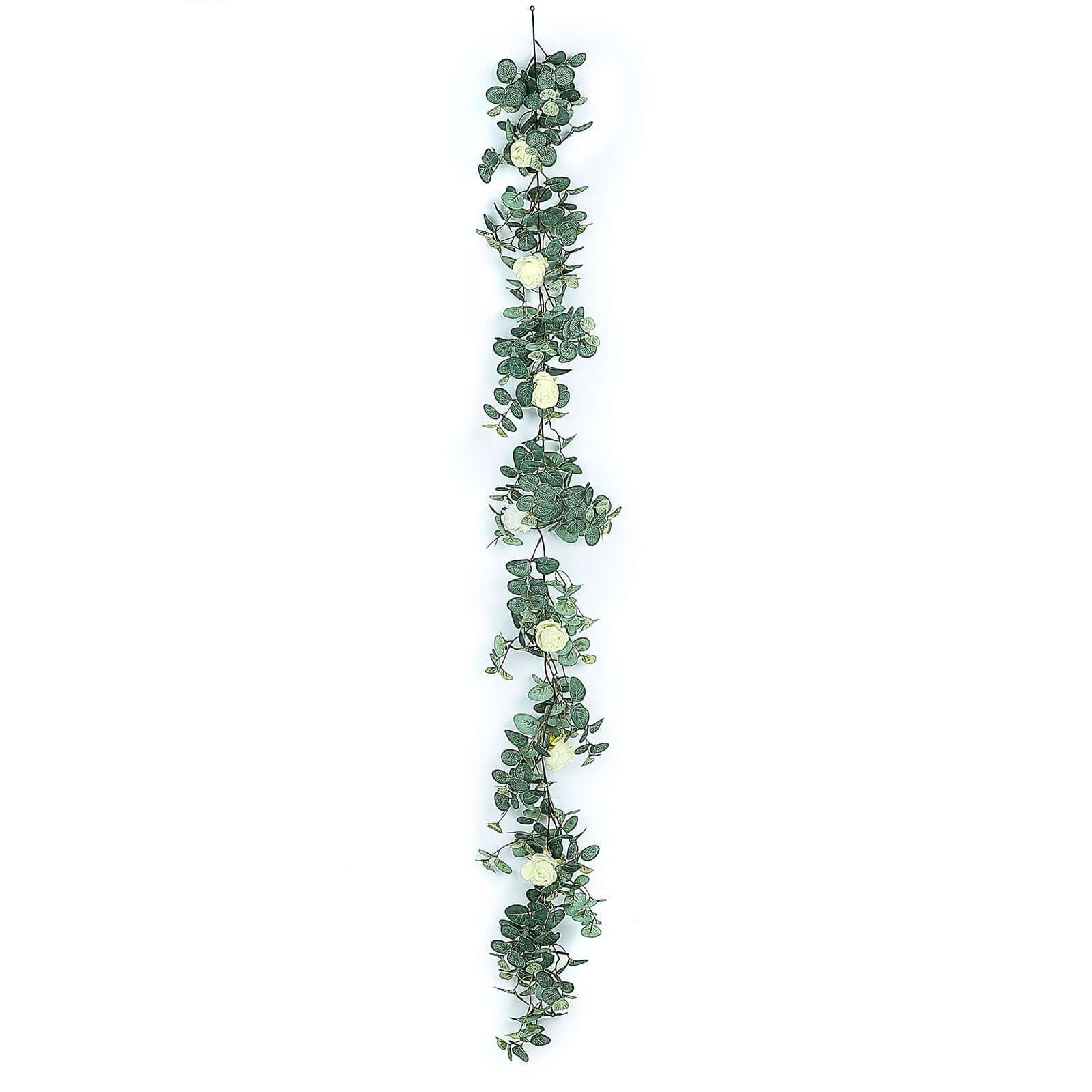 Green/Ivory Artificial Eucalyptus Leaf, Rose Flower Garland Vine 6ft