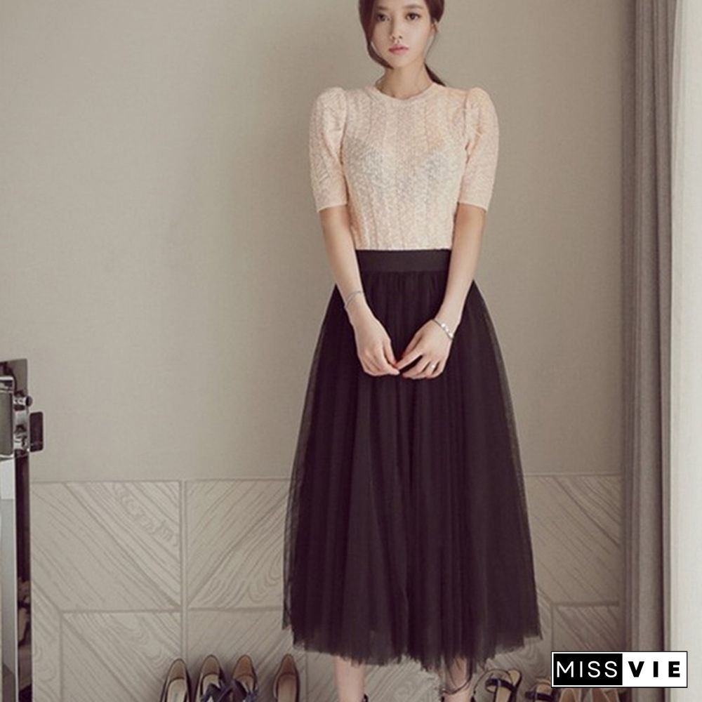 Three-Layer Fashion Tulle Skirts Women Summer Elastic High Waist Long Mesh Skirt Tutu Maxi Pleated Skirt