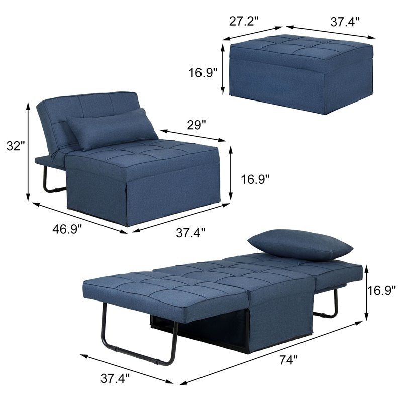 Pemberly Row Modern Fabric 4-in-1 Adjustable Folding Sofa Chair Bed in Blue