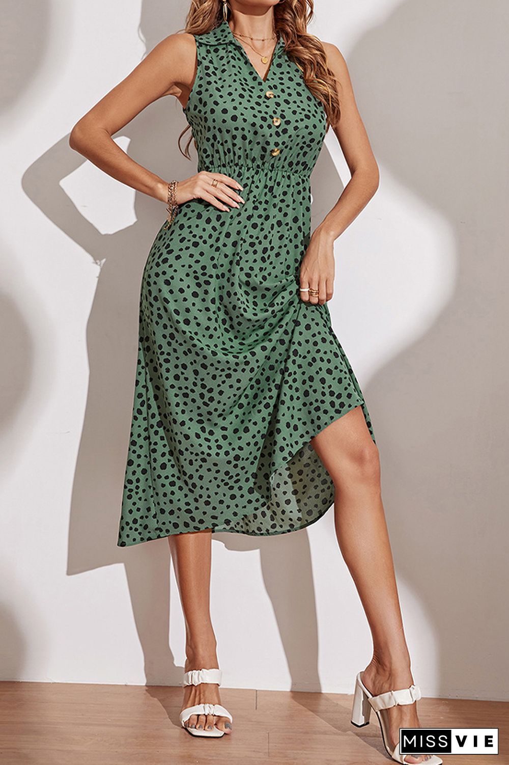 Green Spot Print Turn Down Collar V Neck Button Down Midi Dress