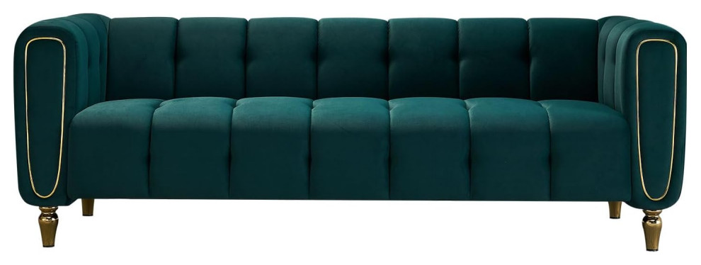 Chesterfield Sofa  Vertical Channel Tufted Velvet Seat With Gold Accent   Contemporary   Sofas   by Decor Love  Houzz