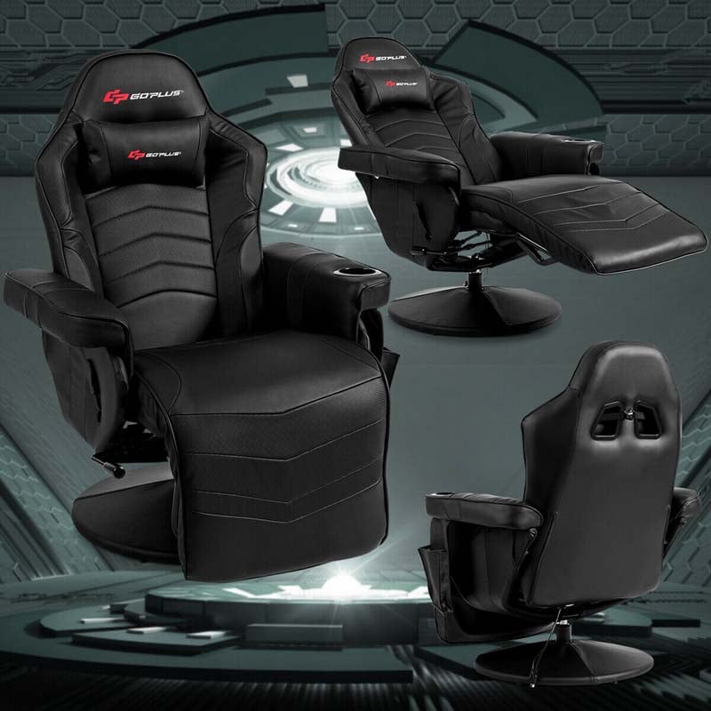 PU Leather Massage Gaming Chair, Ergonomic High Back Racing Style Gaming Recliner with Adjustable Backrest & Footrest, Cup Holder, Side Pouch