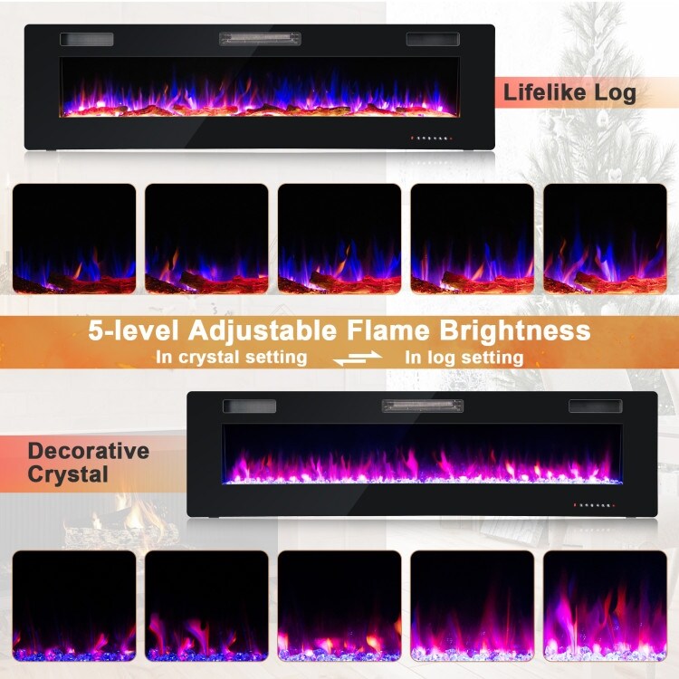 Sleek 68 Inch Ultra Thin Recessed Wall Mounted Electric Fireplace with Crystal Log Decoration   68\