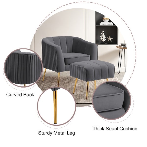 Modern Velvet Barrel Arm Accent Chair with Ottoman