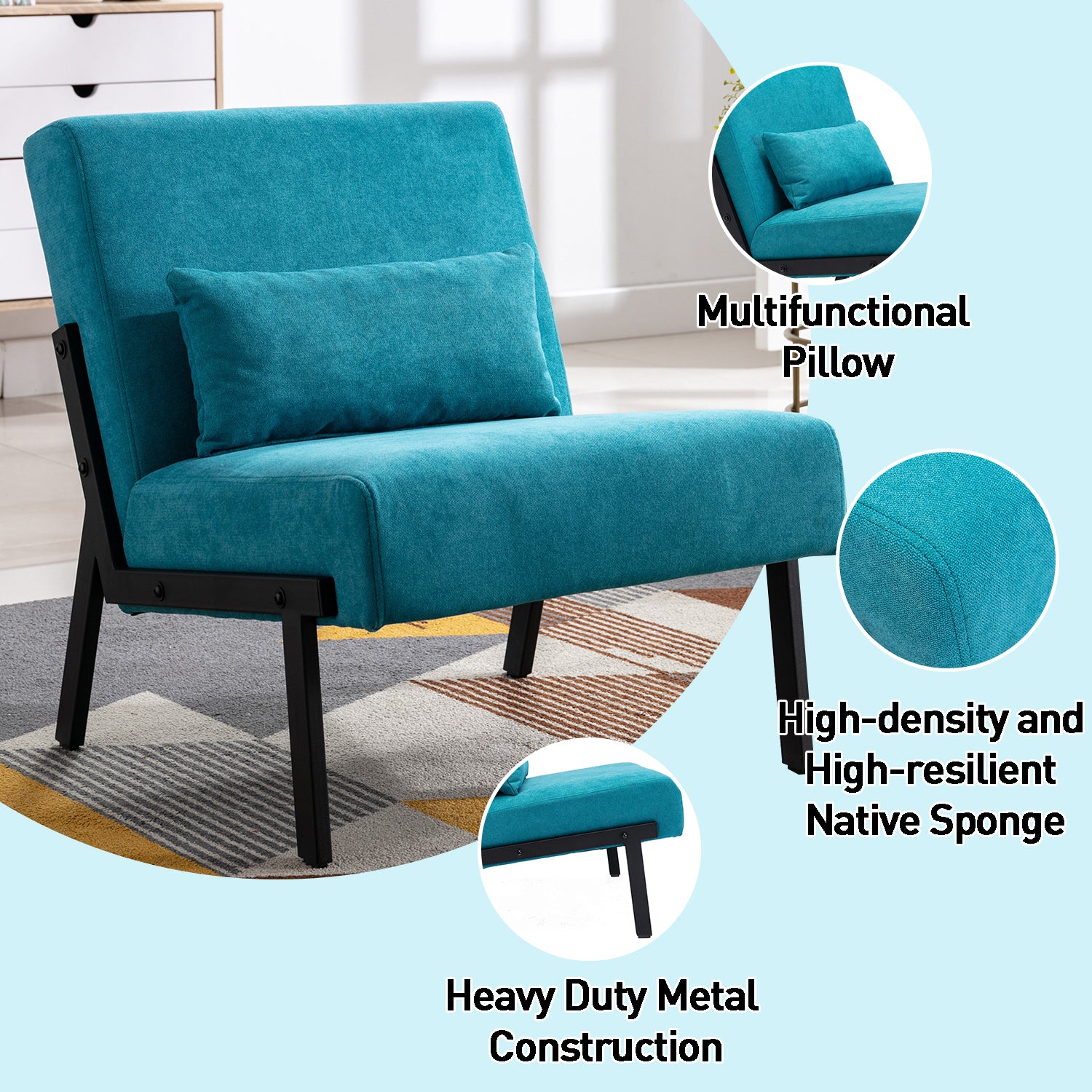 Fabric Accent Chair Fabric Sofa Chair Metal Tapered Leg Modern Comfy Decorative Livingroom Single Sofa Club Leisure Sofa Upholstered Sofa Chairs with Pillow & Metal Feet, Peacock Blue