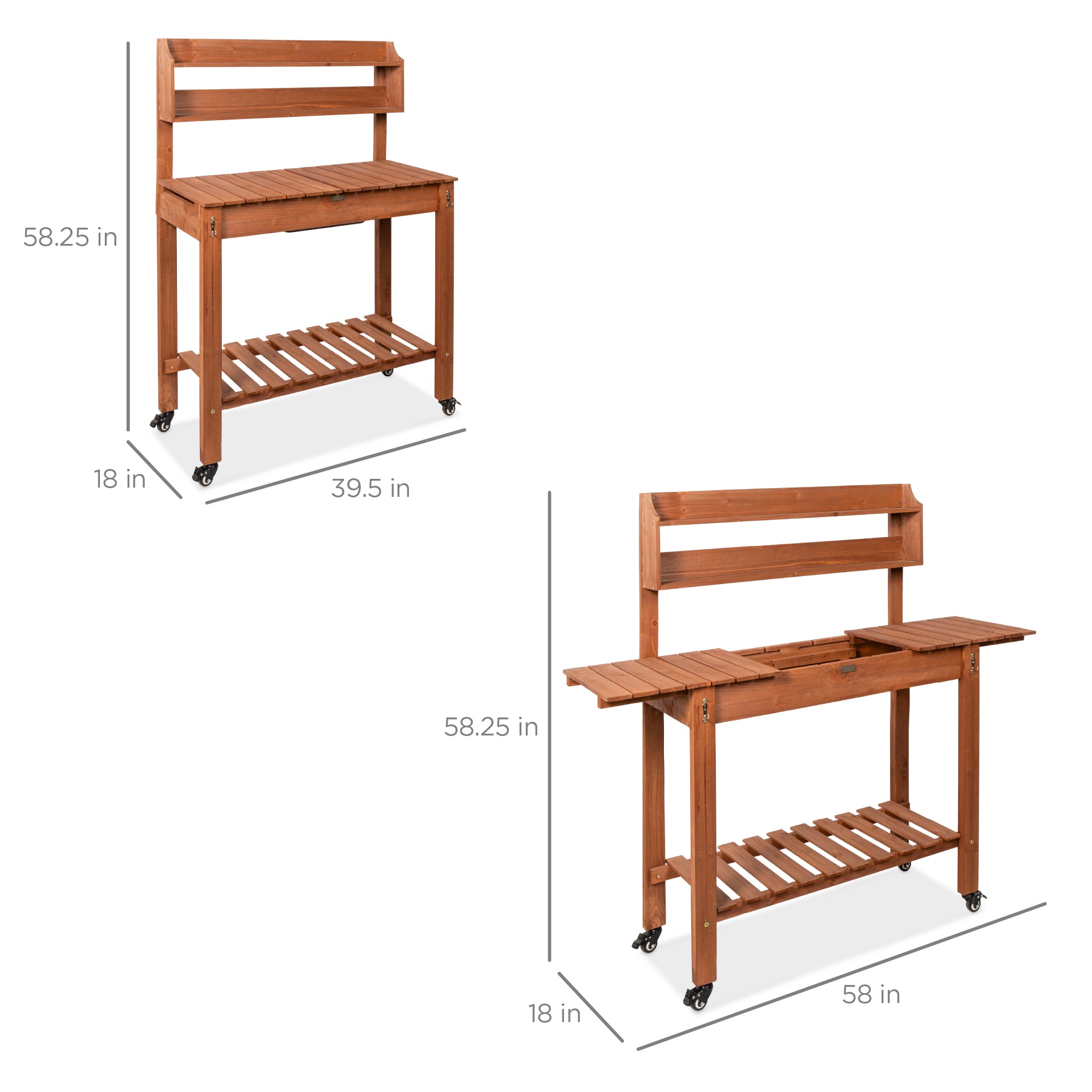 Best Choice Products Wood Garden Potting Bench Workstation Table w/ Sliding Tabletop, 4 Locking Wheels, Dry Sink - Brown