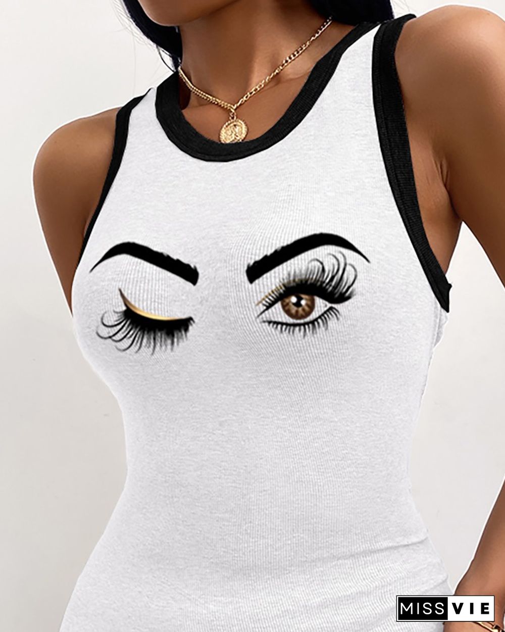 Eye Print Round Neck Ribbed Tank Dress