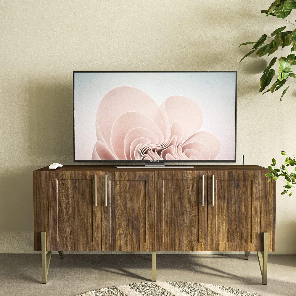 Roomfitters Walnut Finish Mid century TV Stand Media Console  TV unit Sideboard with Gold Metal Legs   W59\