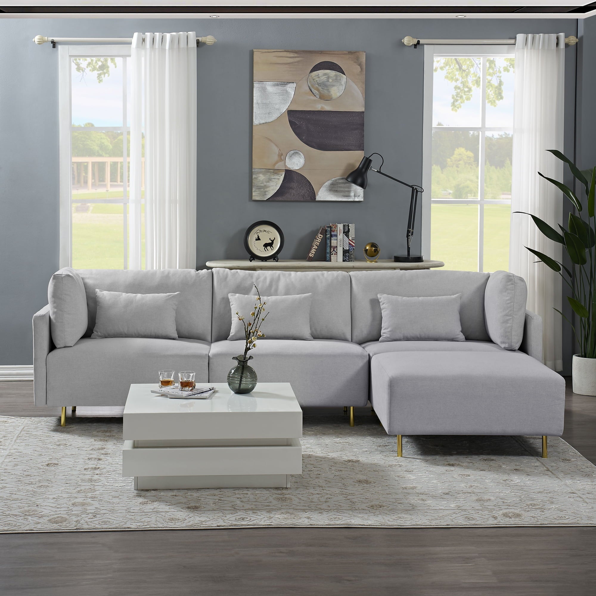 Holaki 4 Seat Luxury Sectional Sofa Fabric Couch U Shape Sofa with Convertible Ottoman Chaise, Gray