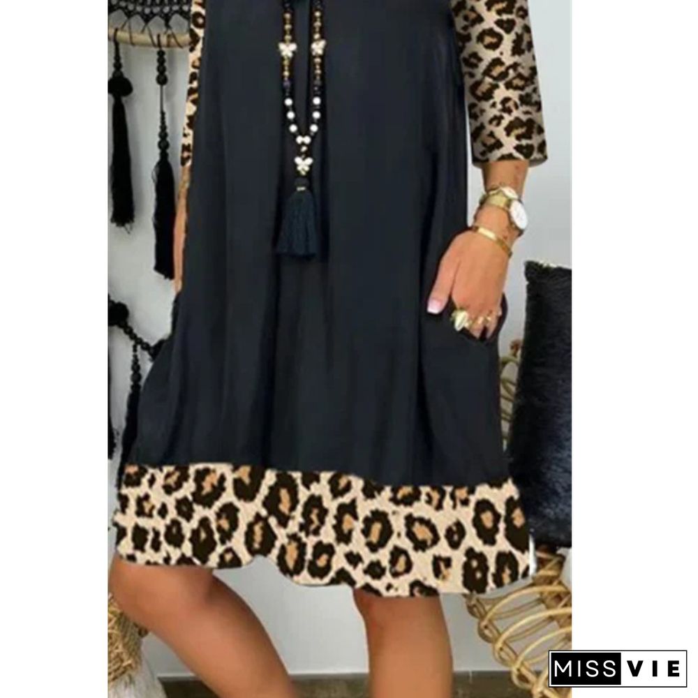 Leopard Splicing V-neck Long Sleeve Loose Dress