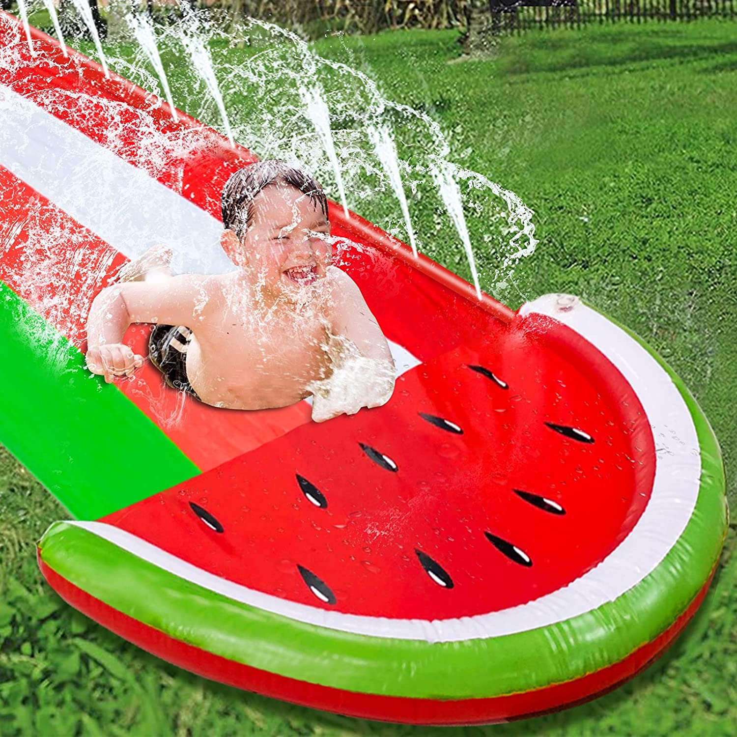 Intera 16 Ft Watermelon Slip Slide Lawn Water Slides with Sprinkler Inflatable Crash Splash Pad Outdoor Water Toys for Kids Toddlers Children Backyard Summer Beach Swimming Pool Games Party Toys