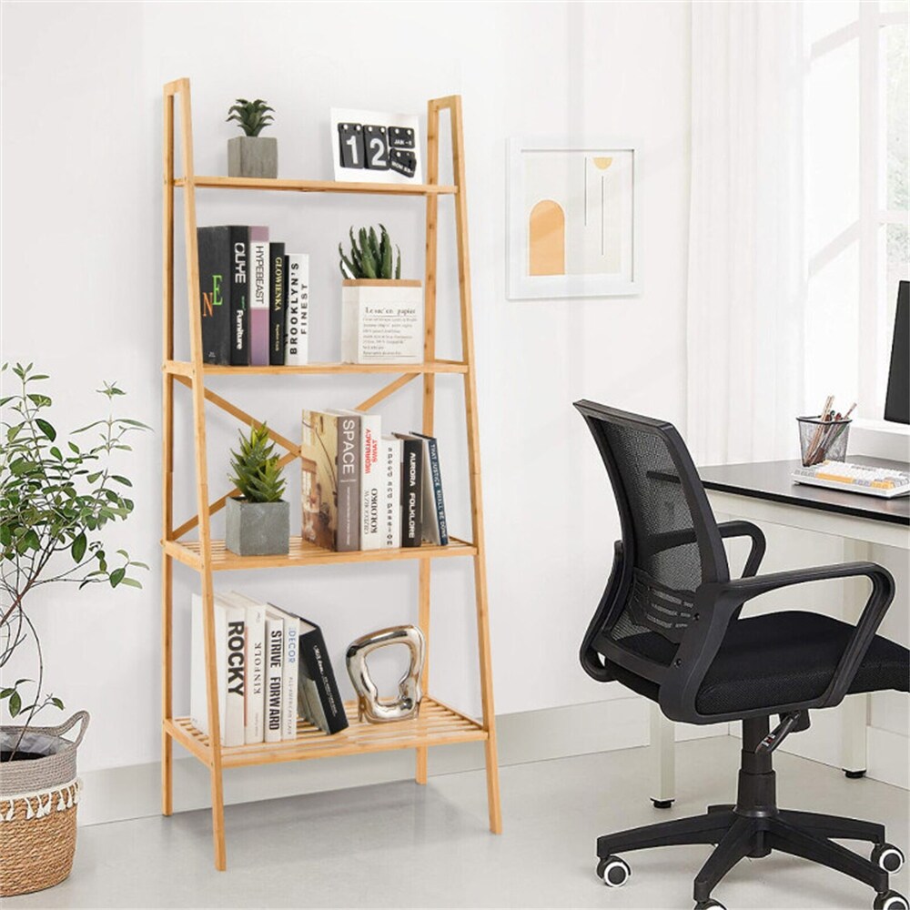 4 Tier Bamboo Ladder Bookshelf Natural Color