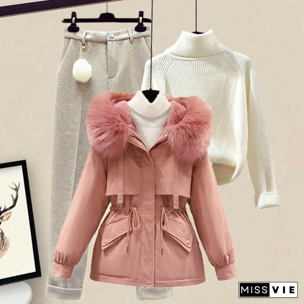 Fleece Hooded Coat Turtleneck Sweater Casual Pants Three Pieces