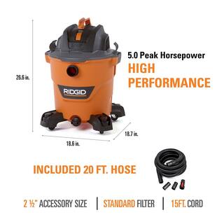 RIDGID 12 Gallon 5.0 Peak HP NXT WetDry Shop Vacuum with Filter Hose Accessories and Additional 20 ft. Tug-A-Long Hose HD1200B