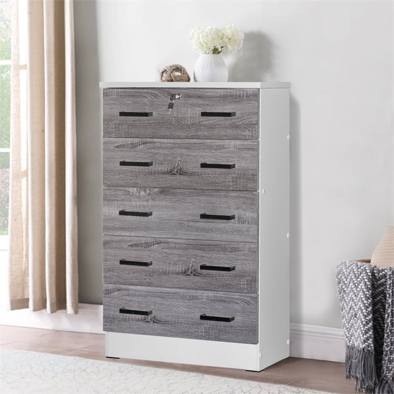 Better Home WC5-Wht-Gry Cindy 5 Drawer Chest Wooden Dresser with Lock, White & Gray