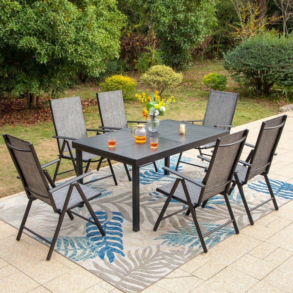 Outdoor 7 Pieces Dining Set  6 x Reclining Folding Sling Dining Chairs and 1 Patio Extendable Table for 6 8 Person   7 pieces