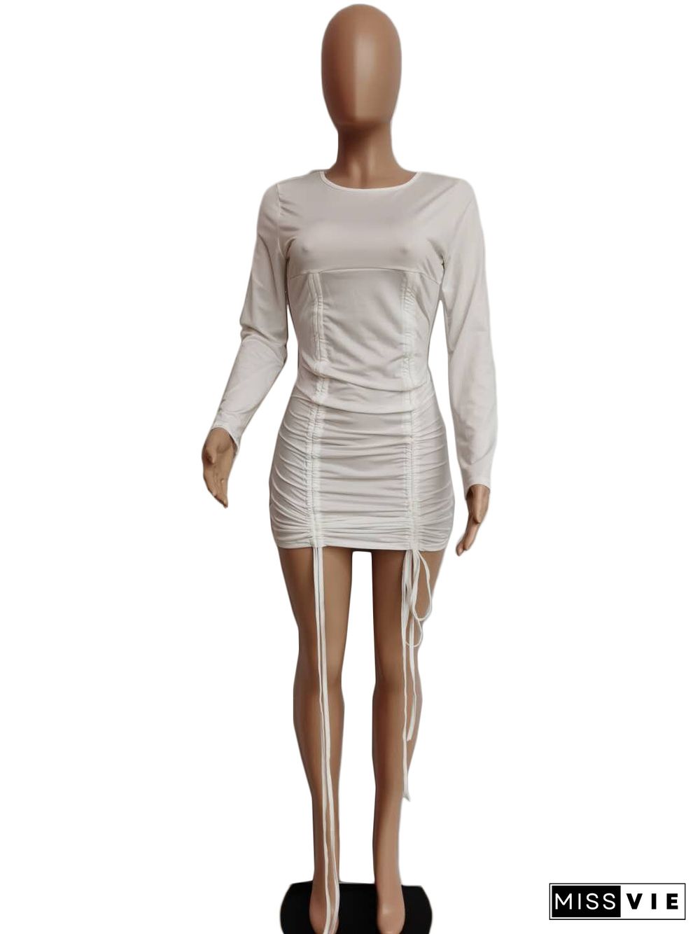 Solid Plicated Long Sleeve Mini Dresses