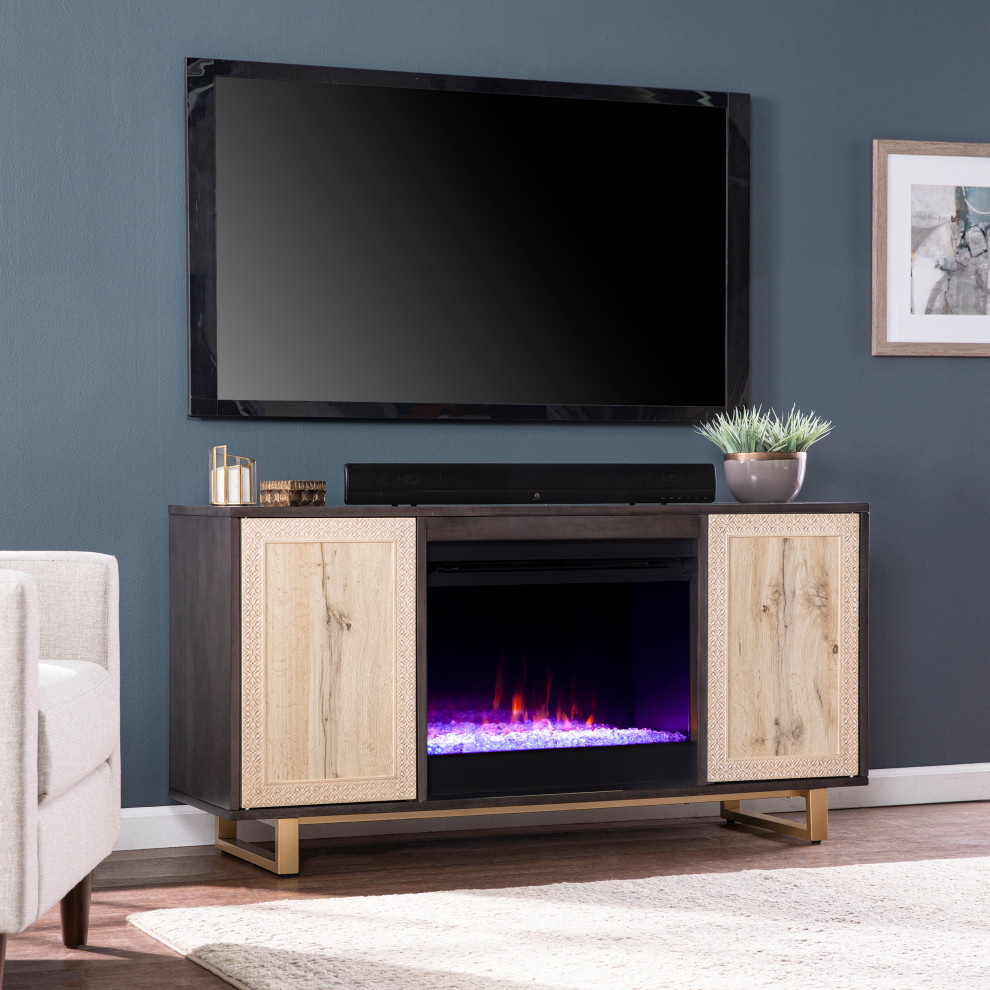 Bebington Color Changing Fireplace With Media Storage and Carved Details   Contemporary   Entertainment Centers And Tv Stands   by SEI  Houzz