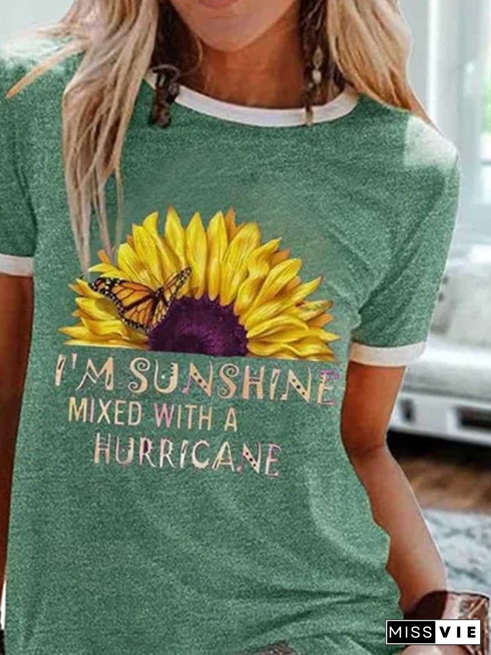 Green Printed Round Neck Short Sleeve T-shirt