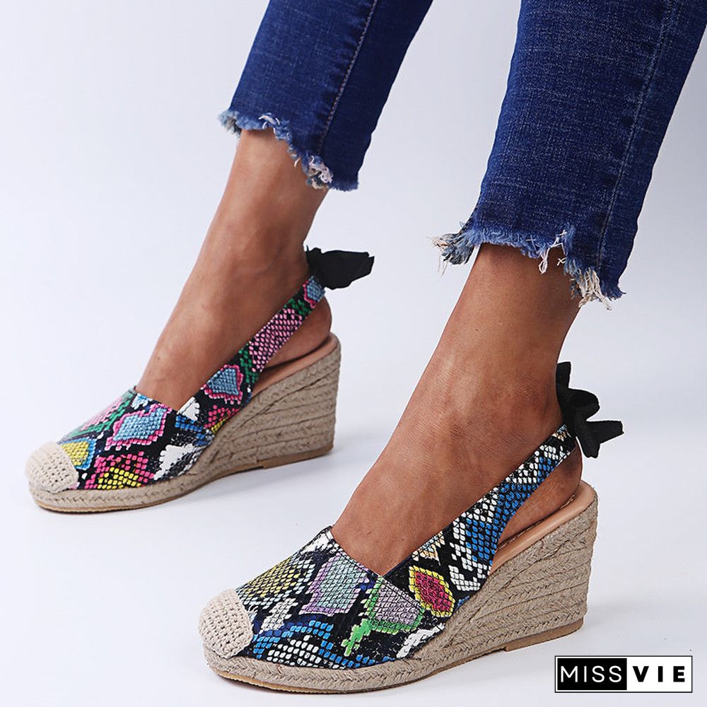 Toe Snake-print Rope Wedge Sandals