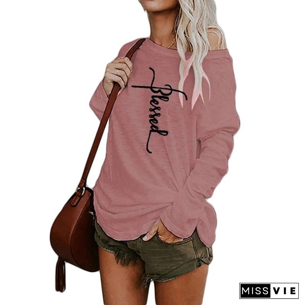 New Autumn And Winter Fashion Women Blessed Letter Printed Long Sleeve Sweatshirt Round Collar Loose Blouses Pullover Tops Jumpers