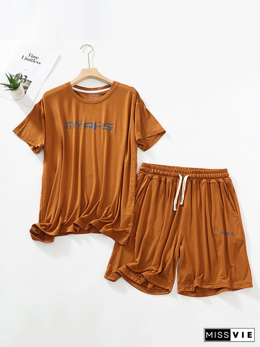 Loose Short Sleeves Round-Neck T-Shirt Top +Drawstring Elasticity Pleated Shorts Pajama Sets