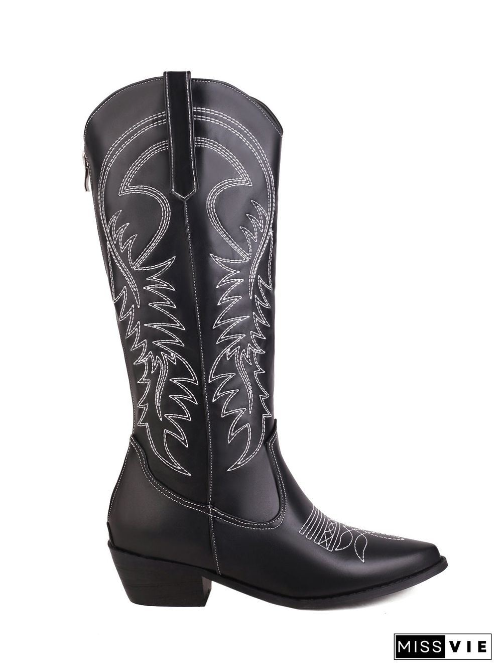 Embroidered Panel Plush Warm Pointed-Toe Cowboy Boots