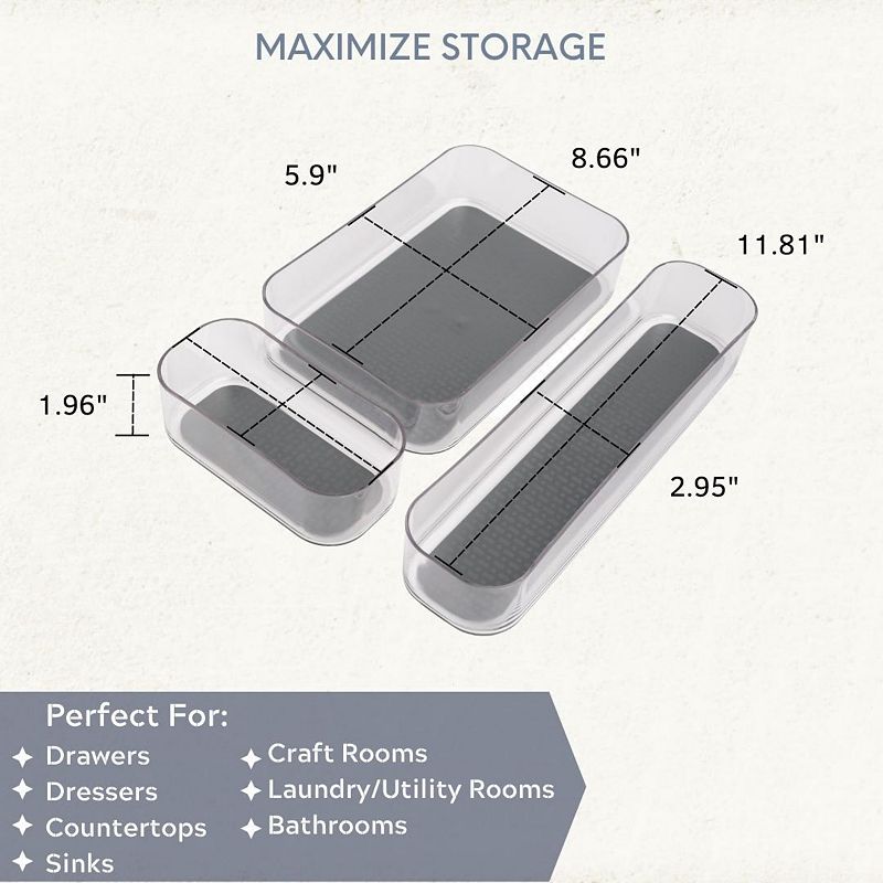 Acrylic Drawer Organizer with Non-Slip Lining - 3 Piece Set