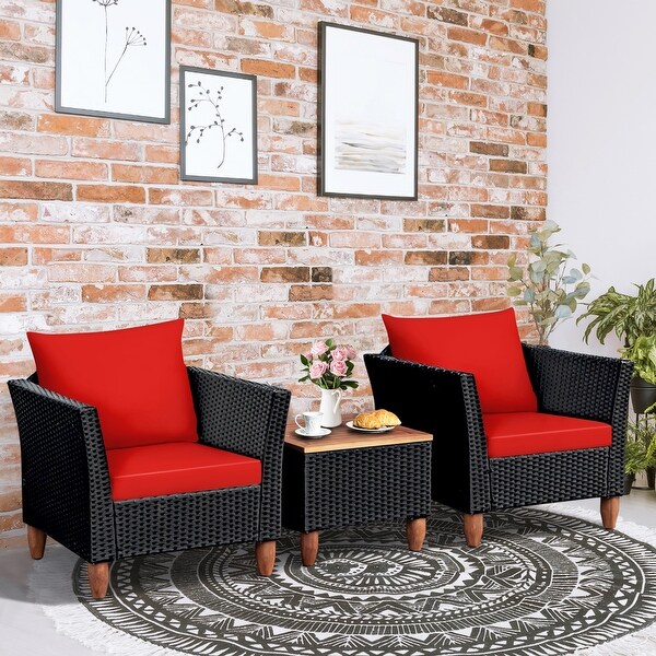 Gymax 3PCS Patio Rattan Conversation Furniture Set Yard Outdoor w/ Red