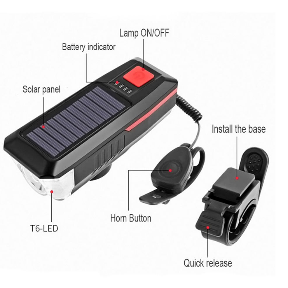 RTS Wholesale power solar bike handlebar t6 led  bicyclelights waterproof IP65 USB 1200mah rechargeable horn bicycle light