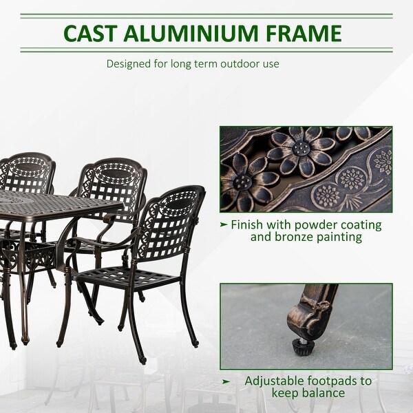 Outsunny 7Piece Patio Dining Set Cast Aluminium Outdoor Furniture Set 6 Armchairs and Table with Umbrella Hole，Bronze