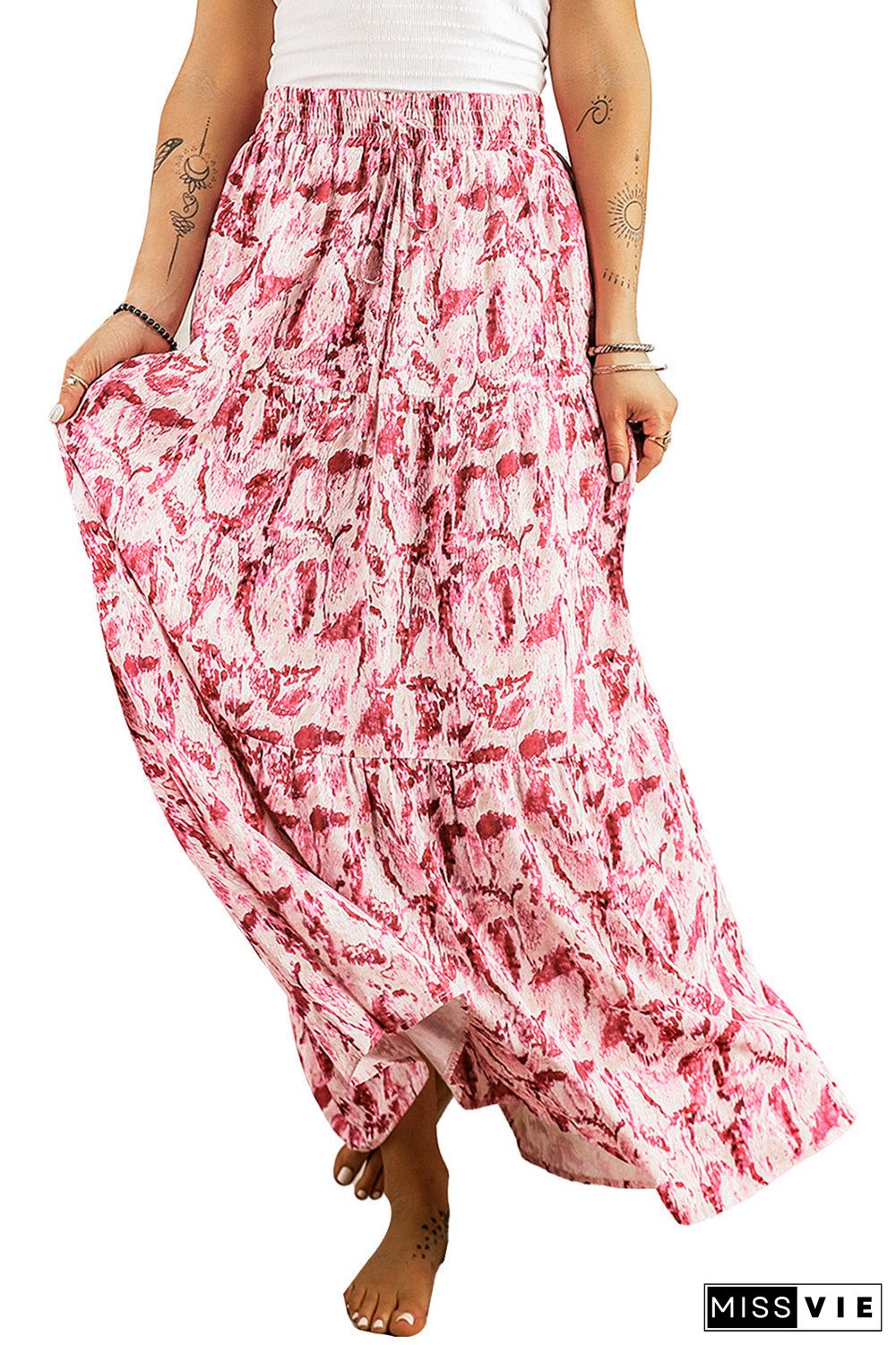 Printed Lace-Up High Waist Maxi Skirt