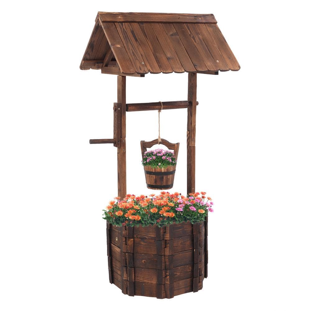 VINGLI 45 in. H Rustic Wooden Wishing Well Planter Flower Pot Patio Garden Outdoor Decor HDG26000842