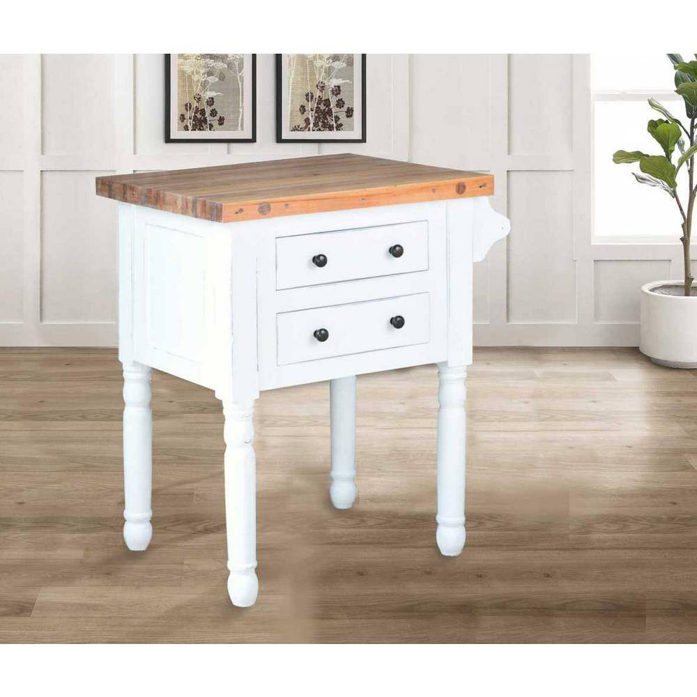 AndMakers Shabby Chic Cottage Distressed White and Salvage Brown Solid Wood 29.5 in. Kitchen Island with 2-Drawers and Towel Rack BH-TAB814TLDWWS