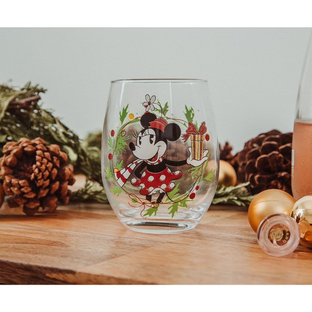 Silver Buffalo Disney Minnie Mouse Christmas Wreath Stemless Wine Glass Holds 20 Ounces