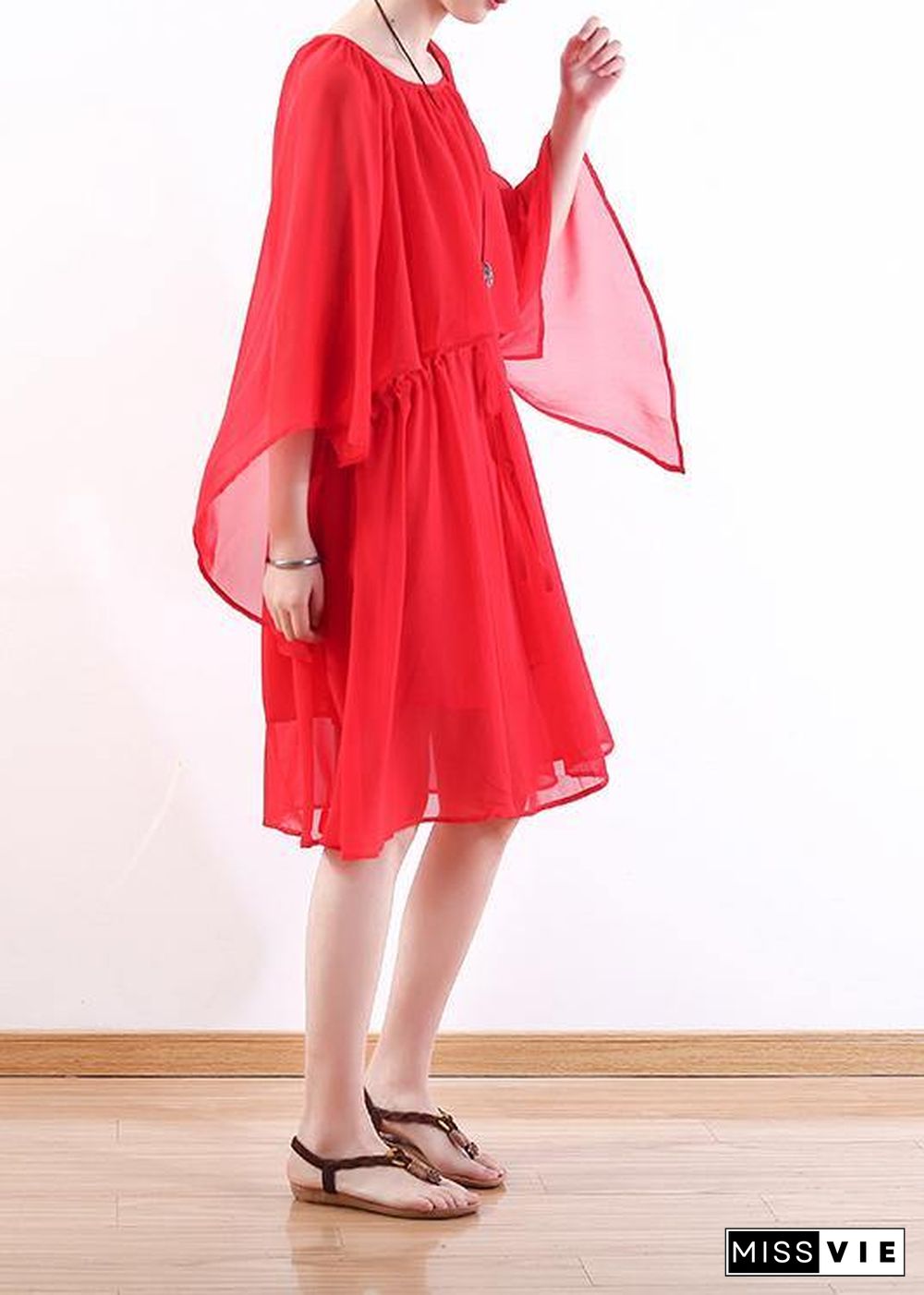 DIY red chiffon Wardrobes plus size Work o neck Batwing Sleeve Summer Dresses