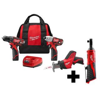 MW M12 12V Lithium-Ion Cordless Combo Kit (3-Tool) with M12 38 in. Ratchet 2498-23-2457-20