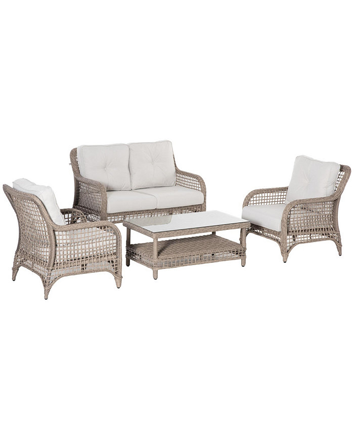 Outsunny 4pc Outdoor Patio Furniture Set 2 Plastic Rattan Chairs 1 PE Wicker Loveseat Sofa 1 2-Tier Center Coffee Table w  Tempered Glass Table-Top Soft Cushions for Backyard Garden Cream White