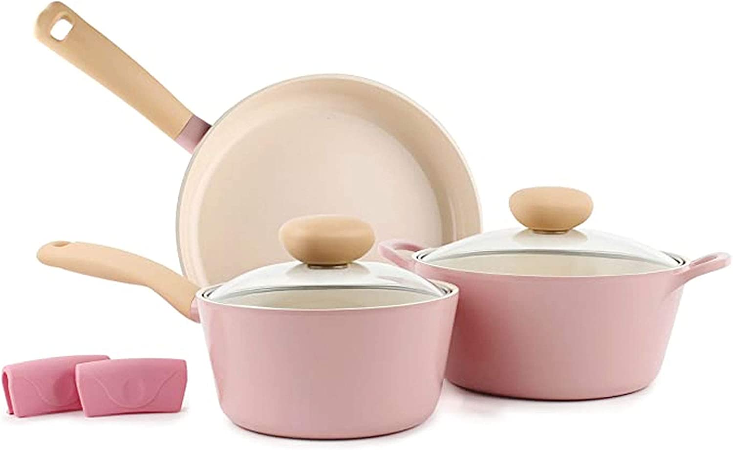 Neoflam Retro 5-Piece Ceramic Nonstick Cookware Set， PFOA Free Pots and Pans with Integrated Steam Vent Lid knob prevents boil over and Heat Resistant Silicone Grips for safer cooking at kitchen， Pink