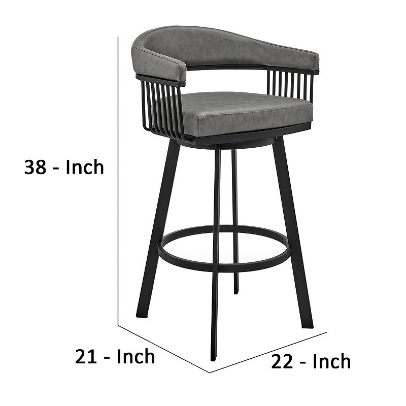 Swivel Barstool with Open Design Metal Frame and Slatted Arms， Gray and Black