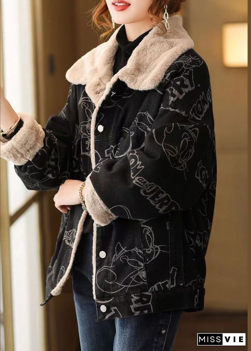 Plus Size Black Print Button Patchwork Warm Fleece Coat Winter