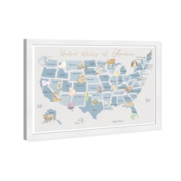 X 15 quot Pastel Blue Wildlife Map Animals Framed Art Print Wynwood Studio