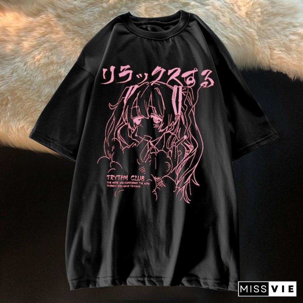 Women Clothing Womens T-Shirt Y2K Japanese Harajuku Graphic Kawaii T Shirts Anime Print Oversized T-Shirt Plus Size Grunge Tops