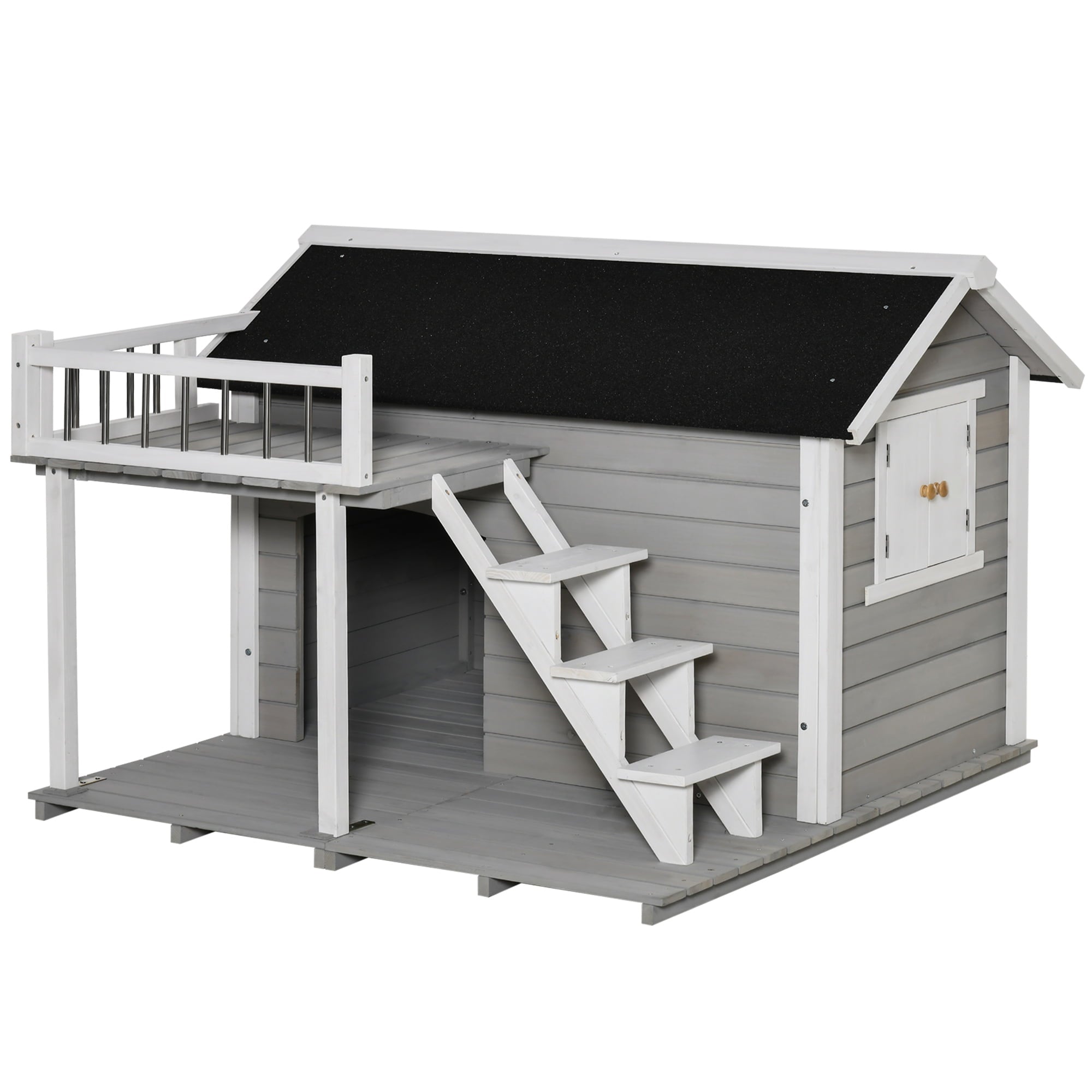 PawHut Wooden Outdoor Dog House， 2-Tier Raised Pet Shelter， with Stairs， Weather Resistant Roof， and Balcony， for Medium， Large Sized Dogs Up To 55 lbs