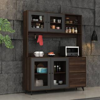 FUFUGAGA 63 in. L Brown Wood Buffet Sideboard Pantry Cabinet with 4-Drawers Hooks Open Shelves Doors for Kitchen Dining Room KF210128-023