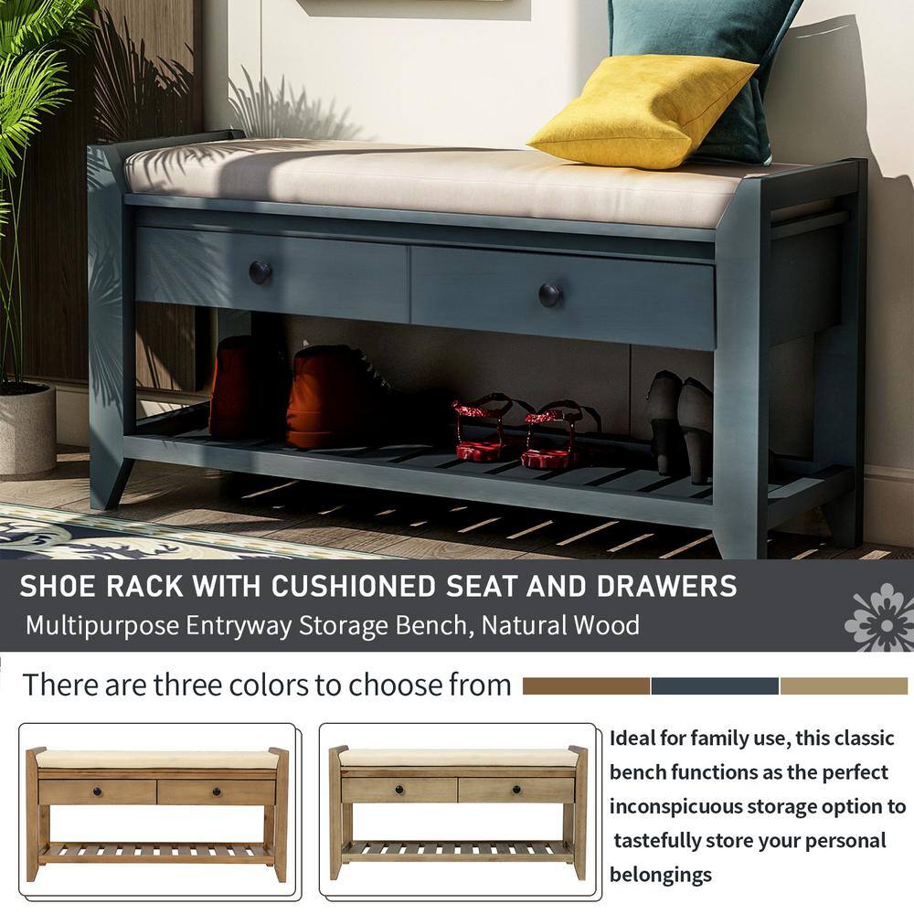 Harper  Bright Designs Entryway Blue Storage Bench with Cushioned Seat Drawers and Shoe Rack 19.8 in. H x 39 in. W x 14 in. D WF195386AAM