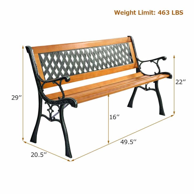 Large Cast Iron Outdoor Bench Seat, Weatherproof Wooden Garden Bench for Patio Park Porch