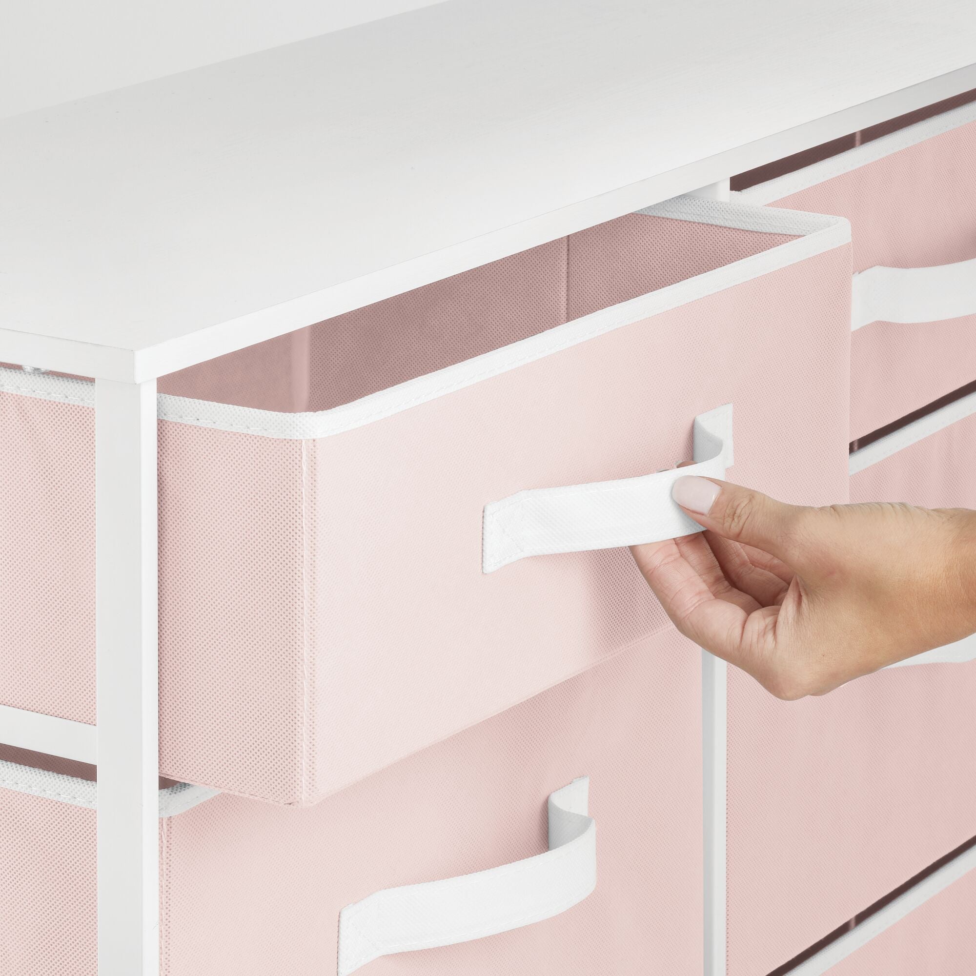 mDesign Tall Steel Frame/Wood Top Storage Dresser Furniture with 8 Slim Fabric Drawers, Large Bureau Organizer for Baby, Kid, Teen Bedroom, Nursery, Playroom, Dorm - Jane Collection, Pink/White