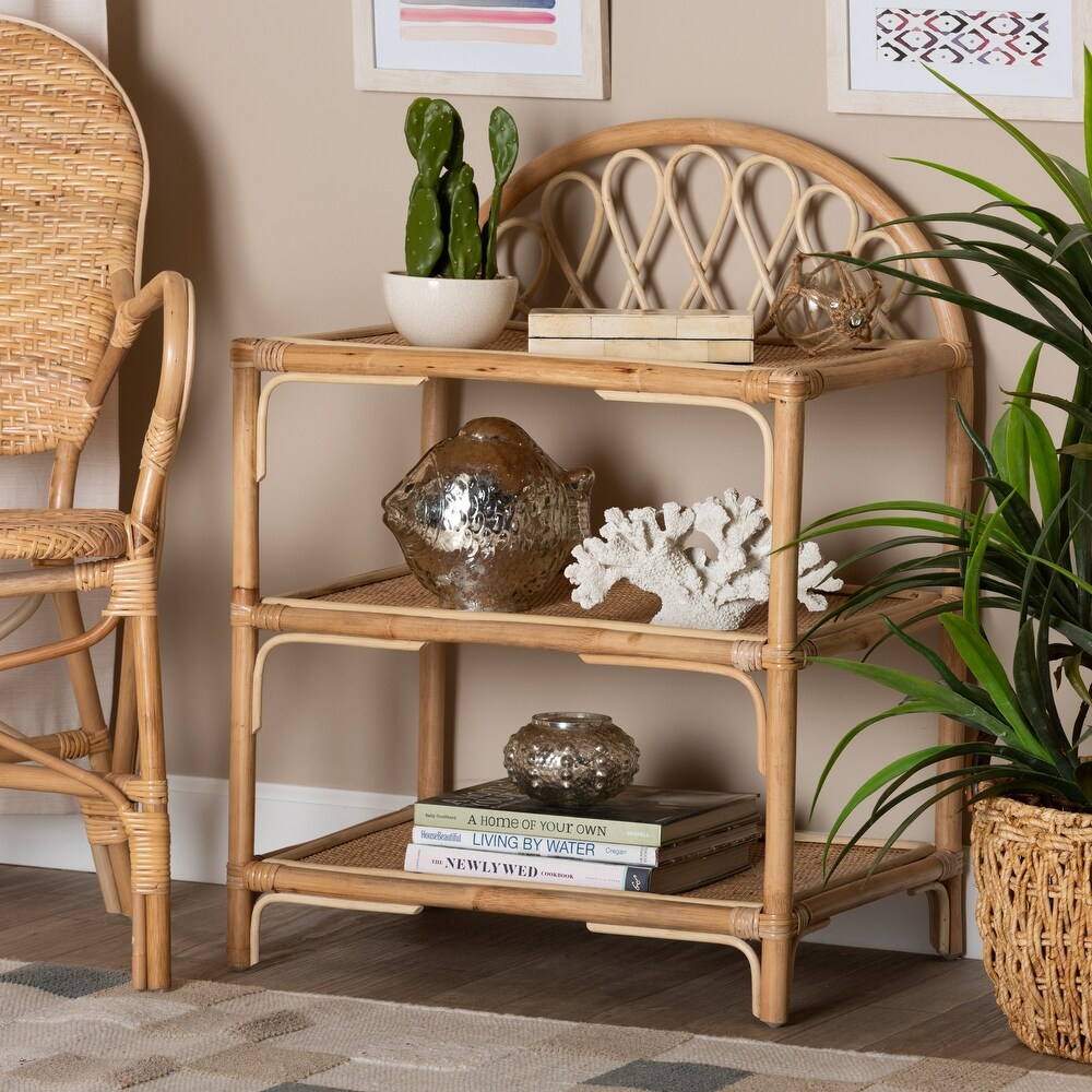 Redell Modern Bohemian Natural Brown Rattan 3 Tier Display Shelf