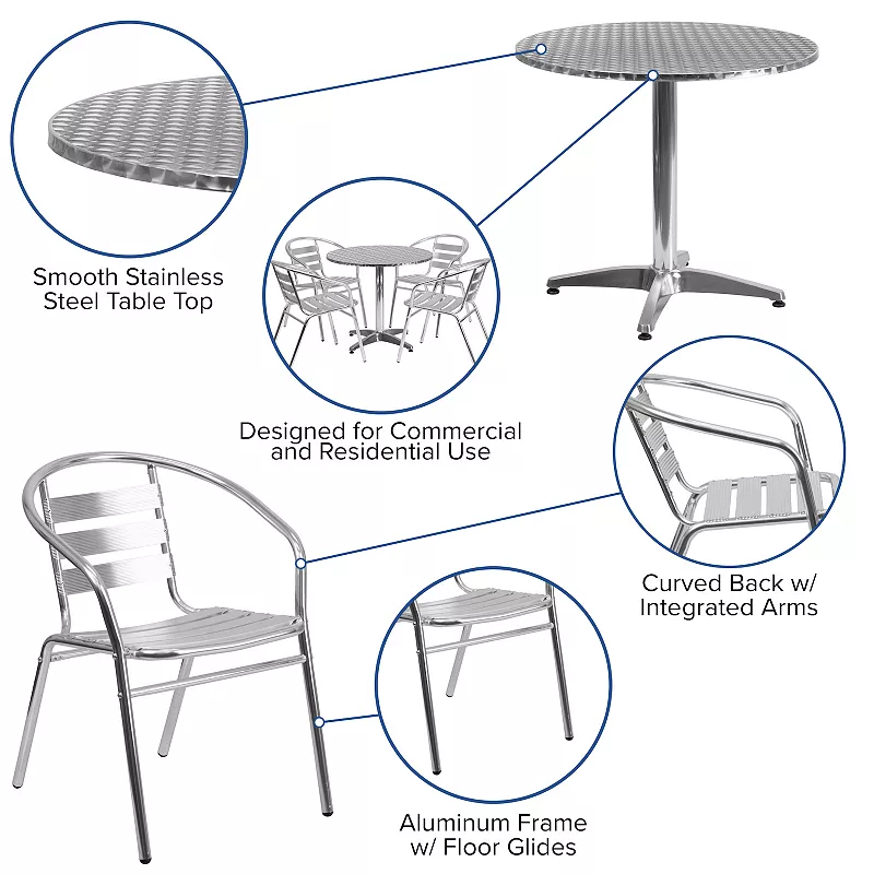 Emma and Oliver 31.5 Round Aluminum Table Set with 4 Slat Back Chairs